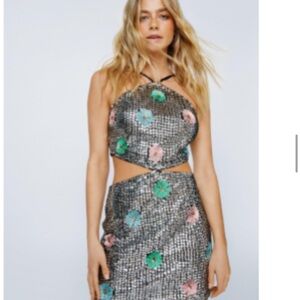 Nasty Gal Silver Embellished Sequin Cut-Out Mini Dress with flower accents